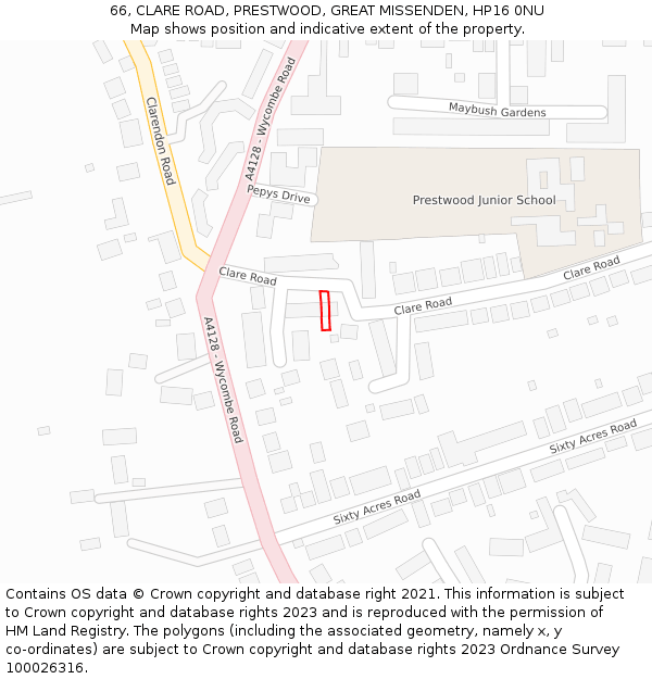 66, CLARE ROAD, PRESTWOOD, GREAT MISSENDEN, HP16 0NU: Location map and indicative extent of plot