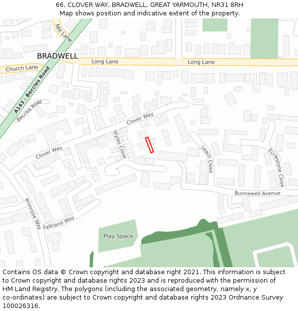 66, CLOVER WAY, BRADWELL, GREAT YARMOUTH, NR31 8RH: Location map and indicative extent of plot