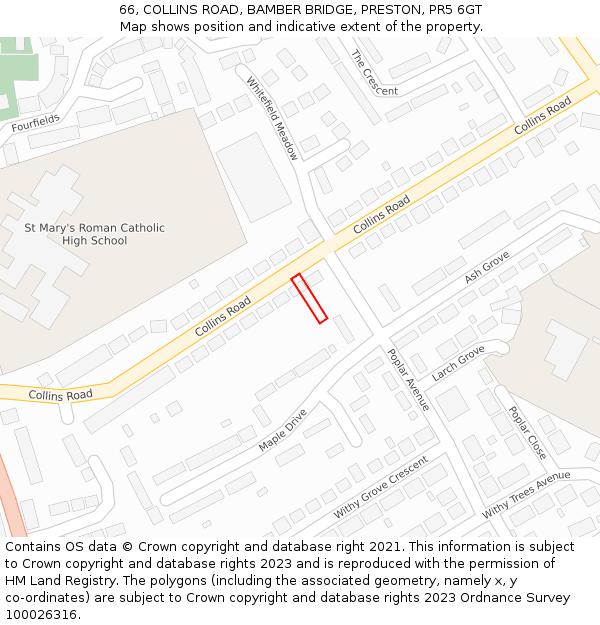 66, COLLINS ROAD, BAMBER BRIDGE, PRESTON, PR5 6GT: Location map and indicative extent of plot