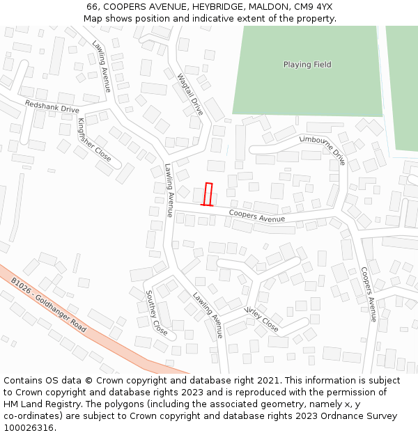 66, COOPERS AVENUE, HEYBRIDGE, MALDON, CM9 4YX: Location map and indicative extent of plot