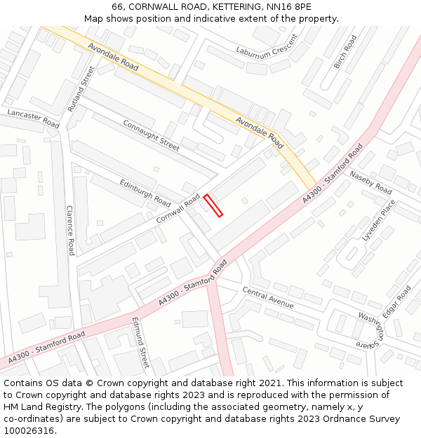 66, CORNWALL ROAD, KETTERING, NN16 8PE: Location map and indicative extent of plot