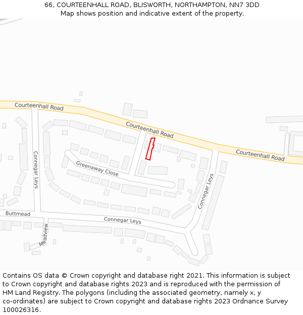 66, COURTEENHALL ROAD, BLISWORTH, NORTHAMPTON, NN7 3DD: Location map and indicative extent of plot