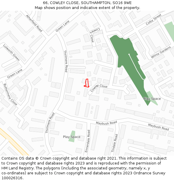 66, COWLEY CLOSE, SOUTHAMPTON, SO16 9WE: Location map and indicative extent of plot