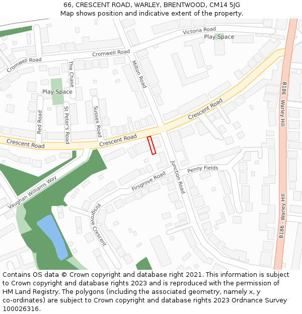 66, CRESCENT ROAD, WARLEY, BRENTWOOD, CM14 5JG: Location map and indicative extent of plot