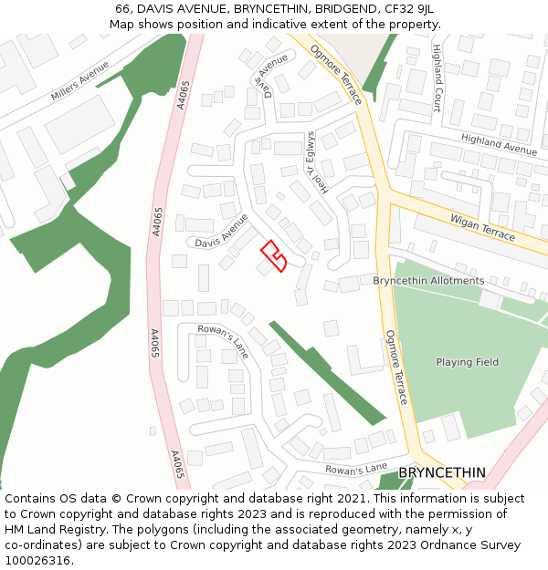 66, DAVIS AVENUE, BRYNCETHIN, BRIDGEND, CF32 9JL: Location map and indicative extent of plot