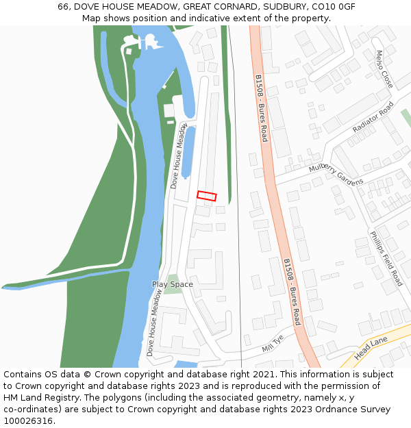 66, DOVE HOUSE MEADOW, GREAT CORNARD, SUDBURY, CO10 0GF: Location map and indicative extent of plot