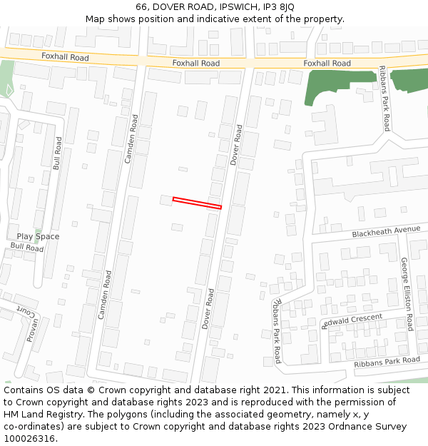 66, DOVER ROAD, IPSWICH, IP3 8JQ: Location map and indicative extent of plot