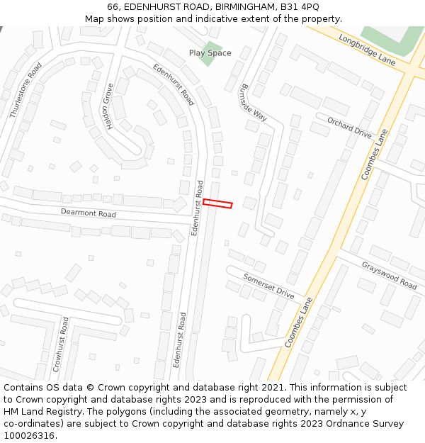 66, EDENHURST ROAD, BIRMINGHAM, B31 4PQ: Location map and indicative extent of plot