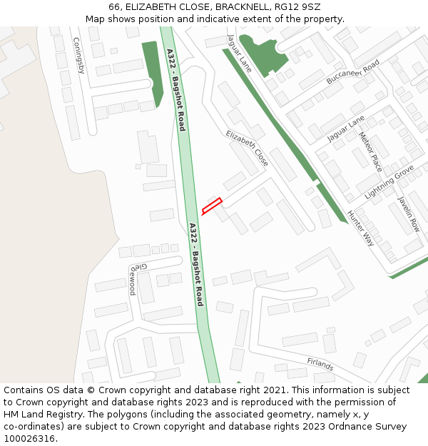 66, ELIZABETH CLOSE, BRACKNELL, RG12 9SZ: Location map and indicative extent of plot