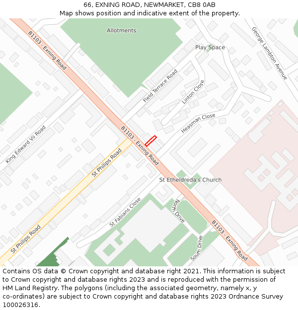 66, EXNING ROAD, NEWMARKET, CB8 0AB: Location map and indicative extent of plot
