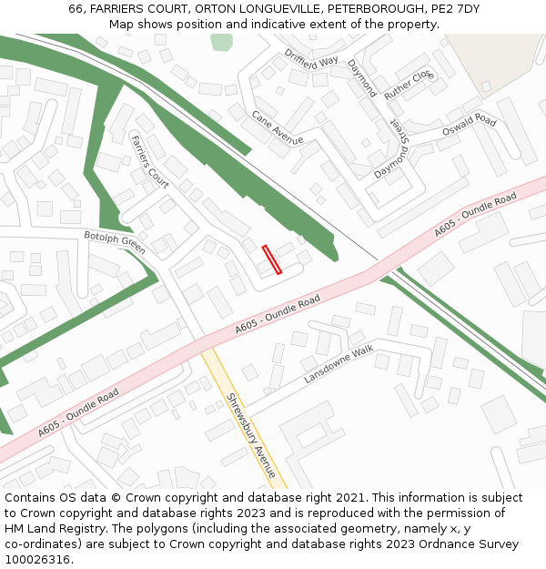 66, FARRIERS COURT, ORTON LONGUEVILLE, PETERBOROUGH, PE2 7DY: Location map and indicative extent of plot