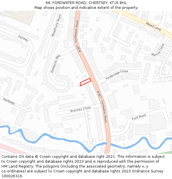 66, FORDWATER ROAD, CHERTSEY, KT16 8HL: Location map and indicative extent of plot