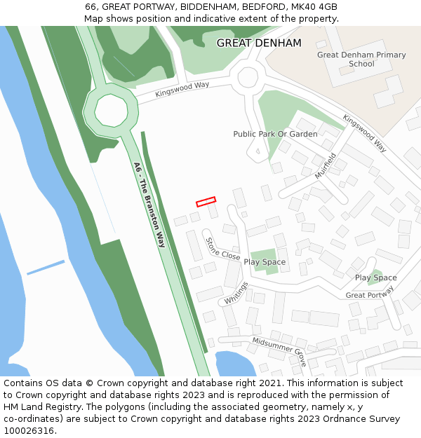 66, GREAT PORTWAY, BIDDENHAM, BEDFORD, MK40 4GB: Location map and indicative extent of plot