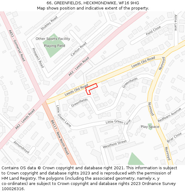 66, GREENFIELDS, HECKMONDWIKE, WF16 9HG: Location map and indicative extent of plot