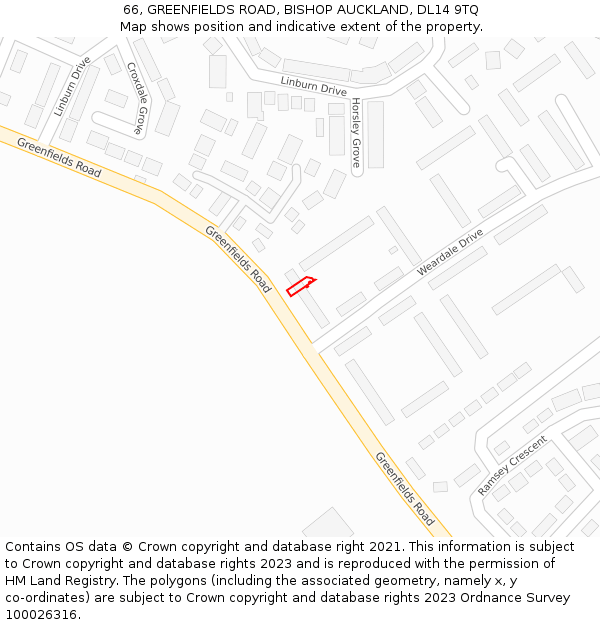 66, GREENFIELDS ROAD, BISHOP AUCKLAND, DL14 9TQ: Location map and indicative extent of plot