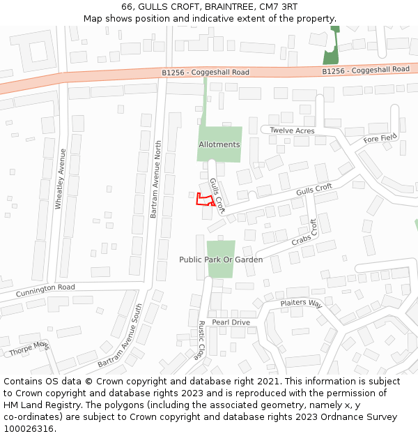 66, GULLS CROFT, BRAINTREE, CM7 3RT: Location map and indicative extent of plot
