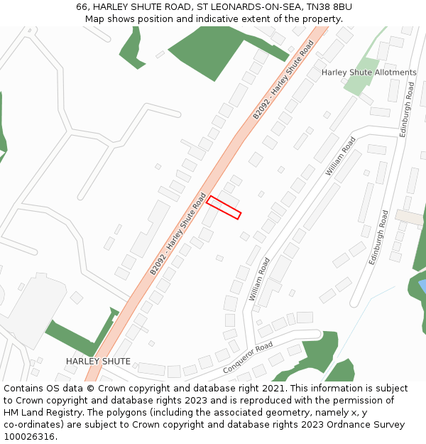 66, HARLEY SHUTE ROAD, ST LEONARDS-ON-SEA, TN38 8BU: Location map and indicative extent of plot