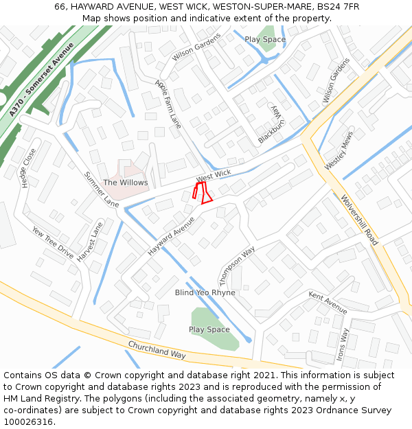 66, HAYWARD AVENUE, WEST WICK, WESTON-SUPER-MARE, BS24 7FR: Location map and indicative extent of plot
