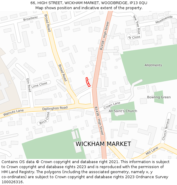 66, HIGH STREET, WICKHAM MARKET, WOODBRIDGE, IP13 0QU: Location map and indicative extent of plot