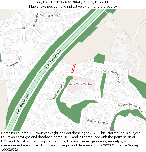 66, HIGHFIELDS PARK DRIVE, DERBY, DE22 1JU: Location map and indicative extent of plot