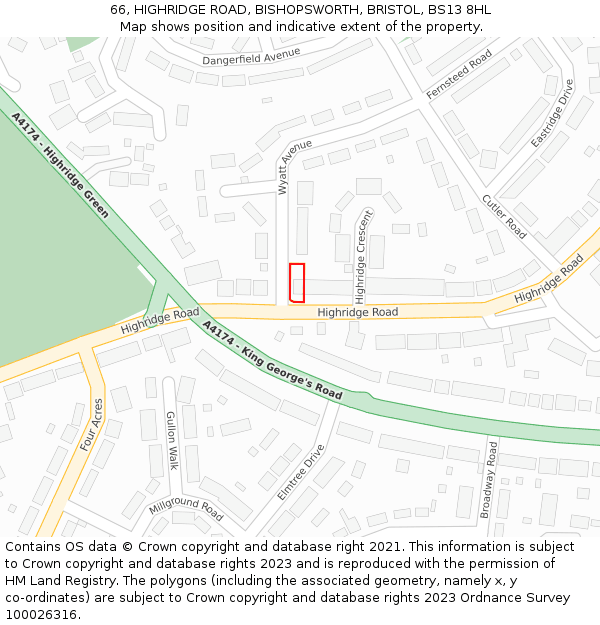 66, HIGHRIDGE ROAD, BISHOPSWORTH, BRISTOL, BS13 8HL: Location map and indicative extent of plot