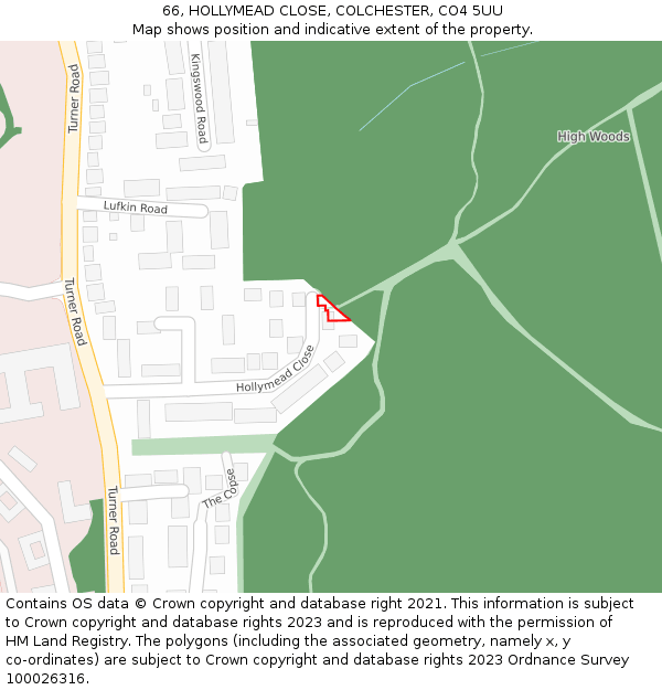 66, HOLLYMEAD CLOSE, COLCHESTER, CO4 5UU: Location map and indicative extent of plot