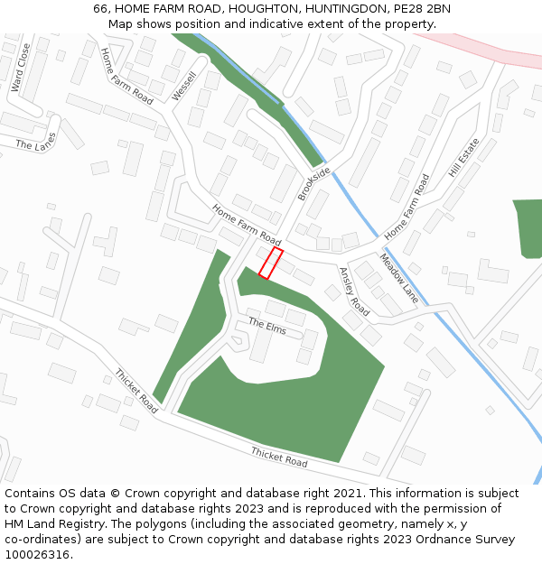 66, HOME FARM ROAD, HOUGHTON, HUNTINGDON, PE28 2BN: Location map and indicative extent of plot