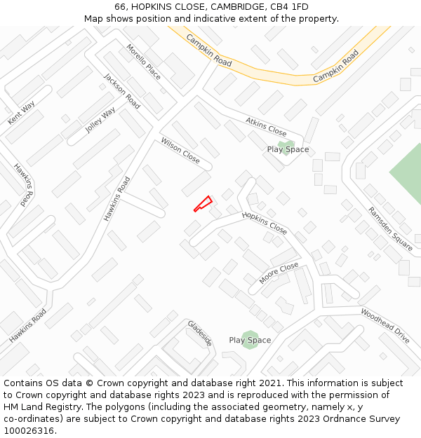 66, HOPKINS CLOSE, CAMBRIDGE, CB4 1FD: Location map and indicative extent of plot