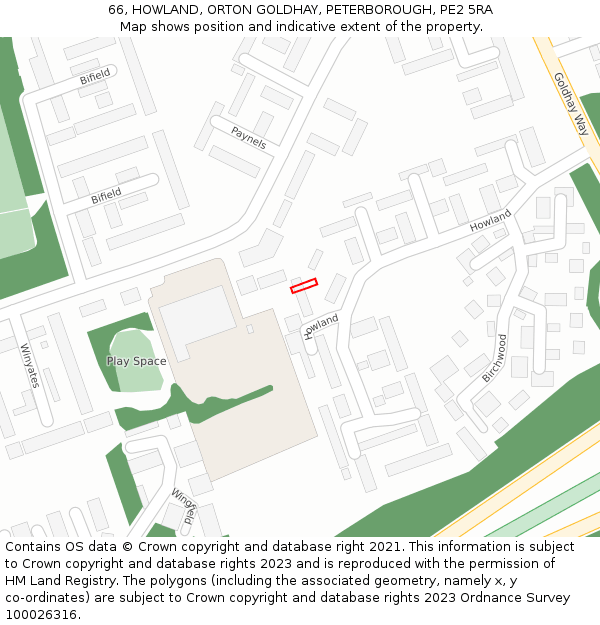 66, HOWLAND, ORTON GOLDHAY, PETERBOROUGH, PE2 5RA: Location map and indicative extent of plot