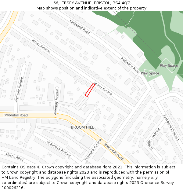 66, JERSEY AVENUE, BRISTOL, BS4 4QZ: Location map and indicative extent of plot