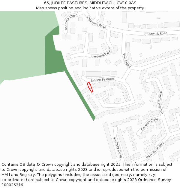 66, JUBILEE PASTURES, MIDDLEWICH, CW10 0AS: Location map and indicative extent of plot