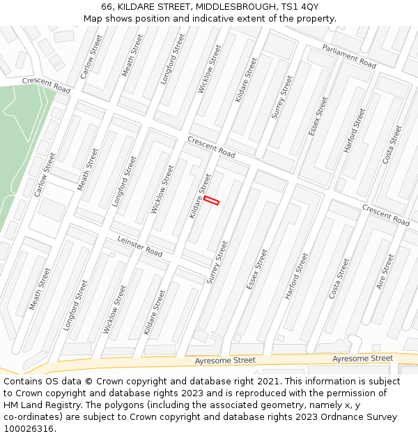 66, KILDARE STREET, MIDDLESBROUGH, TS1 4QY: Location map and indicative extent of plot