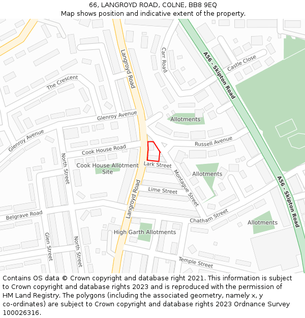 66, LANGROYD ROAD, COLNE, BB8 9EQ: Location map and indicative extent of plot