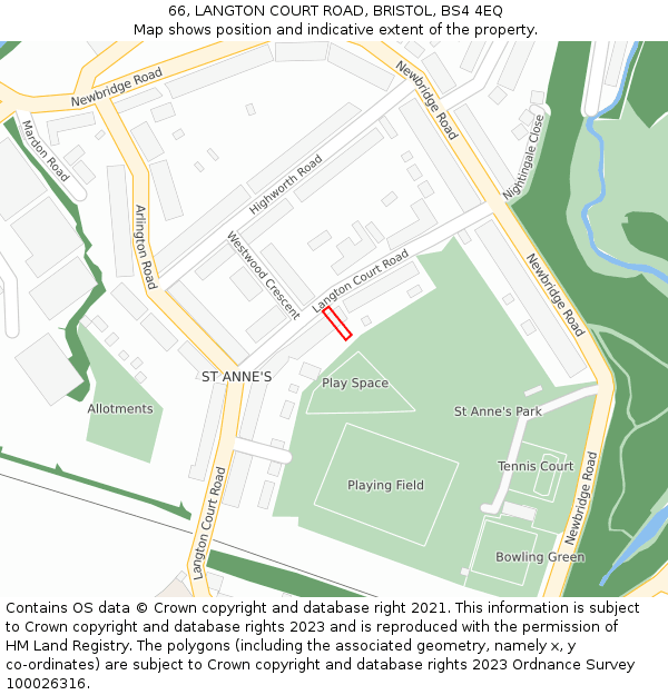 66, LANGTON COURT ROAD, BRISTOL, BS4 4EQ: Location map and indicative extent of plot
