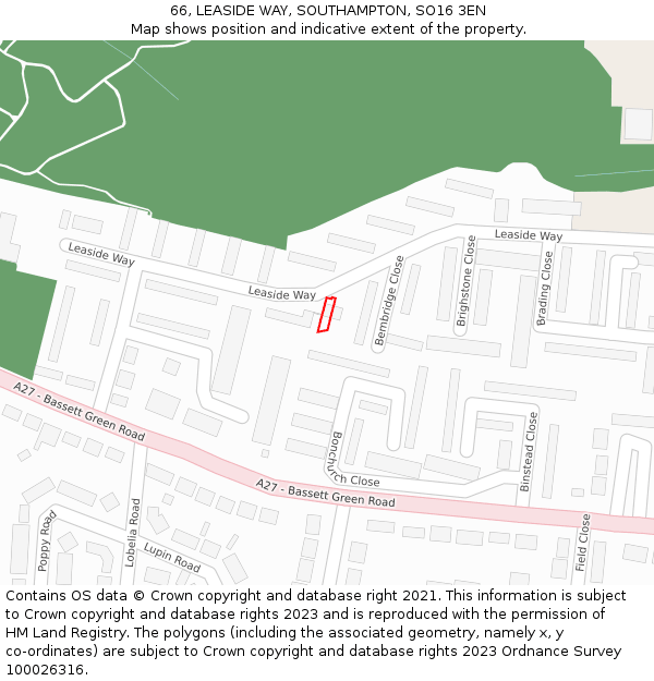 66, LEASIDE WAY, SOUTHAMPTON, SO16 3EN: Location map and indicative extent of plot