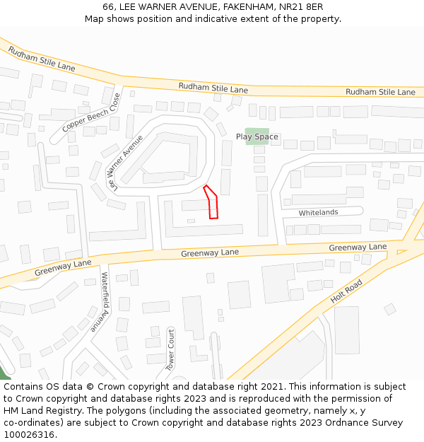 66, LEE WARNER AVENUE, FAKENHAM, NR21 8ER: Location map and indicative extent of plot
