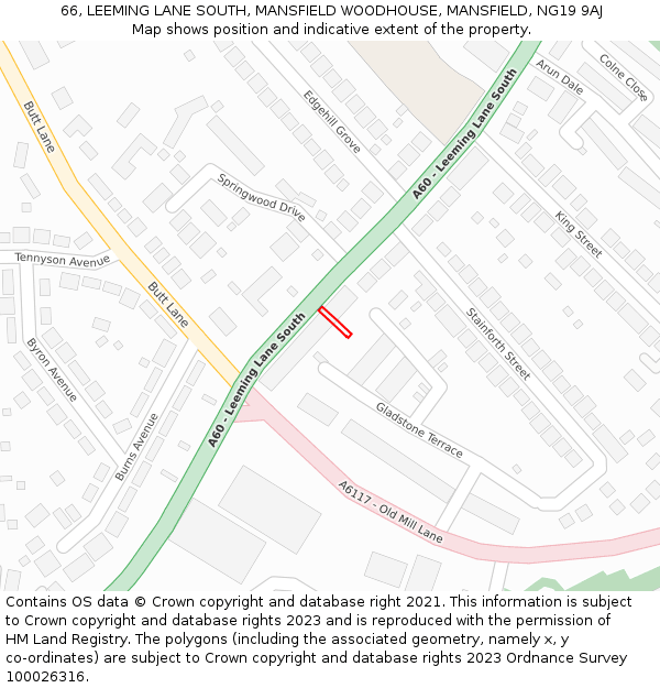 66, LEEMING LANE SOUTH, MANSFIELD WOODHOUSE, MANSFIELD, NG19 9AJ: Location map and indicative extent of plot