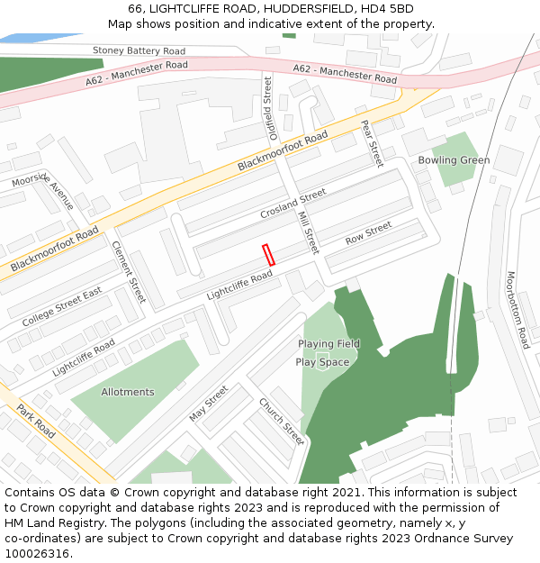 66, LIGHTCLIFFE ROAD, HUDDERSFIELD, HD4 5BD: Location map and indicative extent of plot