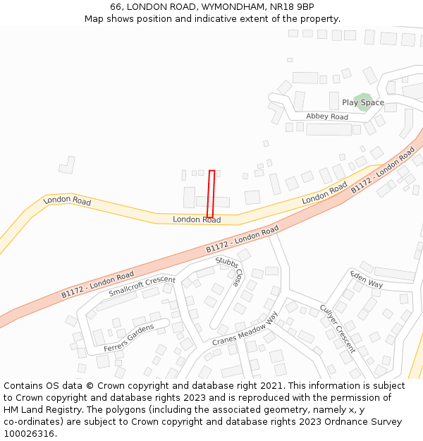 66, LONDON ROAD, WYMONDHAM, NR18 9BP: Location map and indicative extent of plot