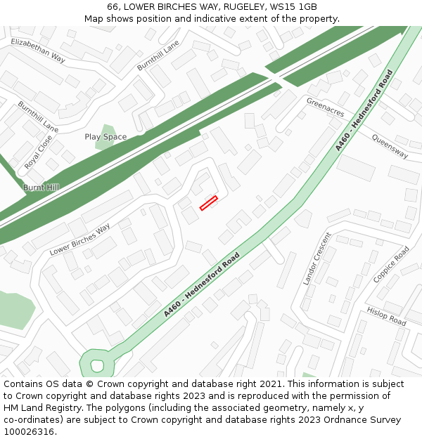 66, LOWER BIRCHES WAY, RUGELEY, WS15 1GB: Location map and indicative extent of plot