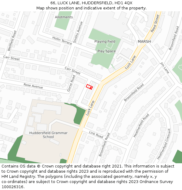 66, LUCK LANE, HUDDERSFIELD, HD1 4QX: Location map and indicative extent of plot