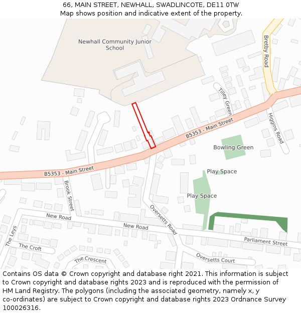 66, MAIN STREET, NEWHALL, SWADLINCOTE, DE11 0TW: Location map and indicative extent of plot