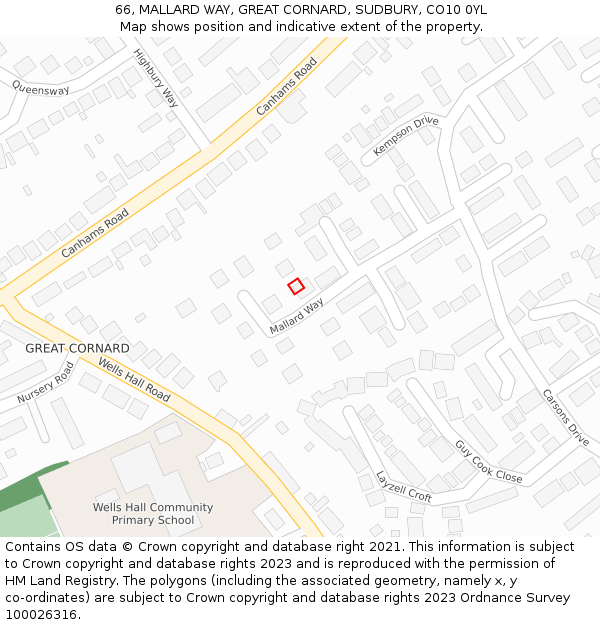 66, MALLARD WAY, GREAT CORNARD, SUDBURY, CO10 0YL: Location map and indicative extent of plot
