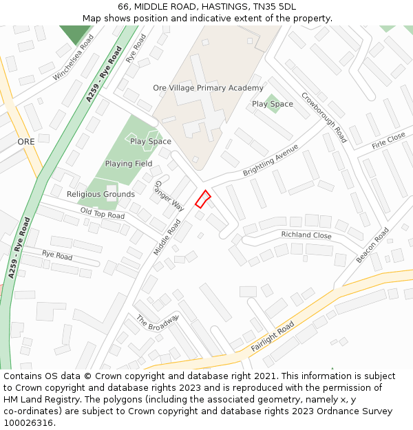 66, MIDDLE ROAD, HASTINGS, TN35 5DL: Location map and indicative extent of plot