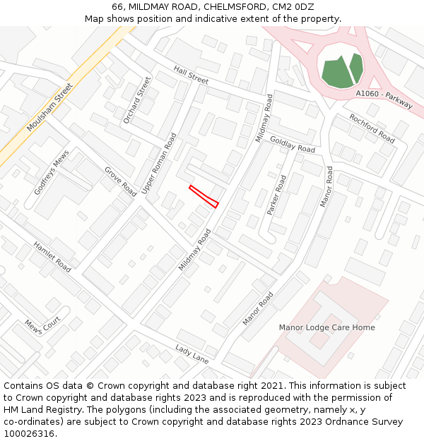 66, MILDMAY ROAD, CHELMSFORD, CM2 0DZ: Location map and indicative extent of plot