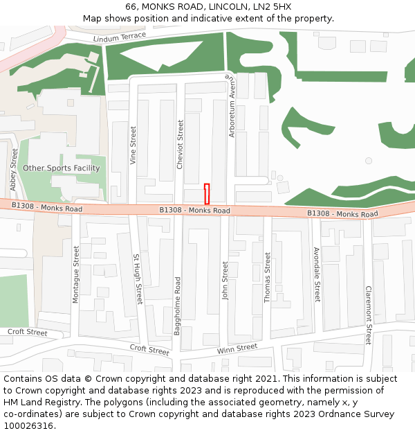 66, MONKS ROAD, LINCOLN, LN2 5HX: Location map and indicative extent of plot