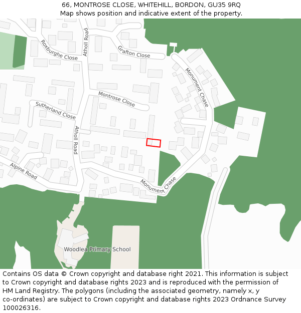 66, MONTROSE CLOSE, WHITEHILL, BORDON, GU35 9RQ: Location map and indicative extent of plot