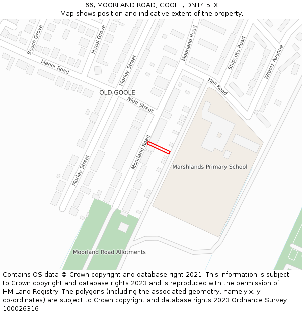 66, MOORLAND ROAD, GOOLE, DN14 5TX: Location map and indicative extent of plot