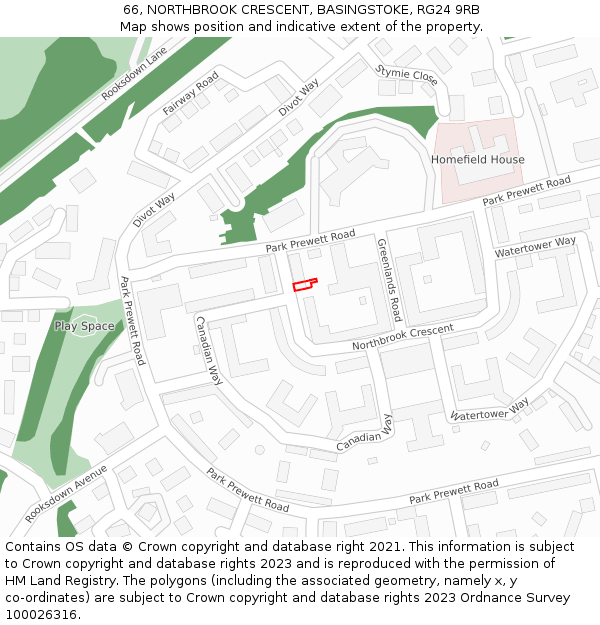 66, NORTHBROOK CRESCENT, BASINGSTOKE, RG24 9RB: Location map and indicative extent of plot