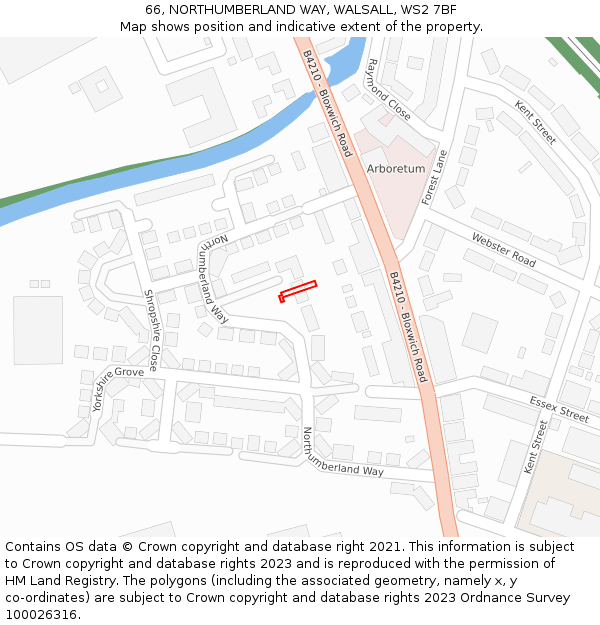 66, NORTHUMBERLAND WAY, WALSALL, WS2 7BF: Location map and indicative extent of plot